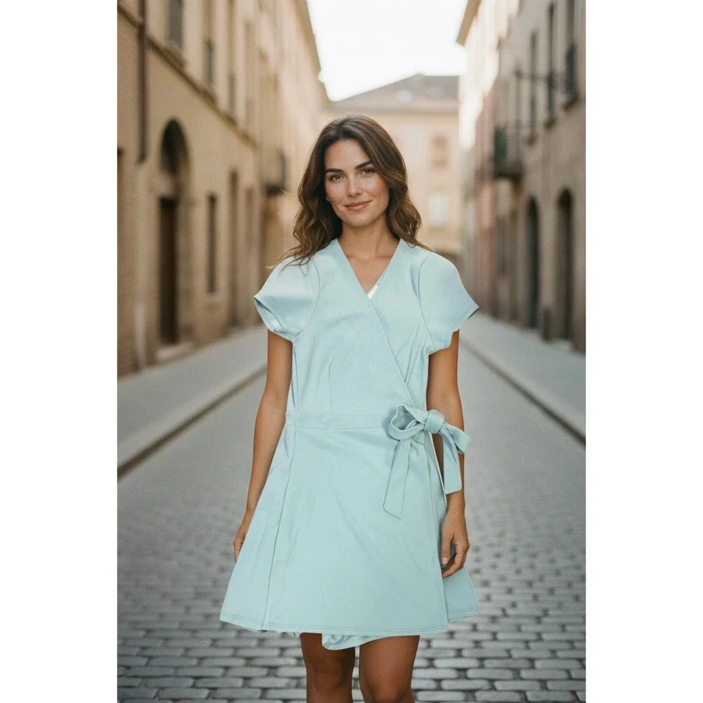 Dee Elly Faux Dress Romper Shorts, Zipper Back, Side Tie, Aqua Color, Small NWOT